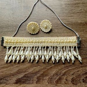 White Pearl Clouds Handmade Choker Necklace Set with Matchiing Earrings